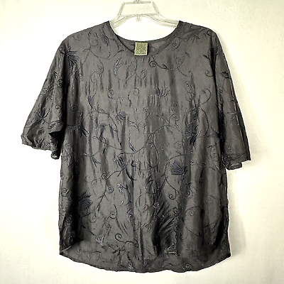 #ad URU Silk Blouse One Size Black Embroidered Short Sleeve Party Shirt Popover $45.99