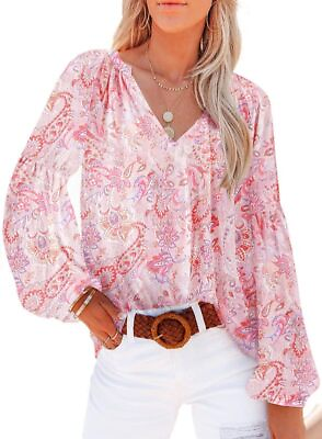 #ad #ad Women#x27;s Casual Boho Floral Print V Neck Long Sleeve XX Large 2 New Floral Pink $39.27