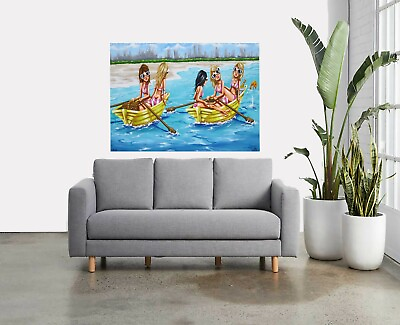 #ad Beach girls summer surf art painting bikini boat canvas FRAMED print wall décor AU $112.50