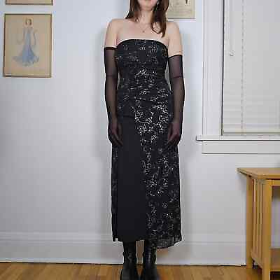 #ad #ad Sheer Floral Black Strapless Dress Sparkles Slit Long Midi Maxi Small Prom $68.60