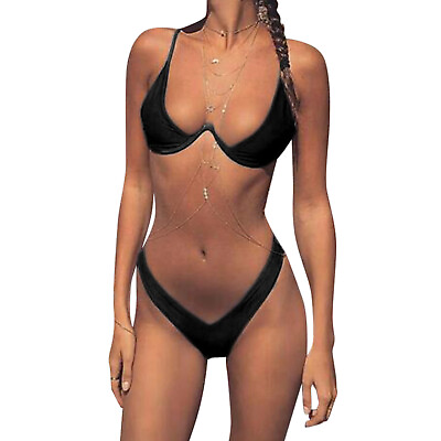 #ad Women#x27;s Sexy Triangle Thong Bikini Set Two Piece Padded Swimsuit Bathing Suit $19.99
