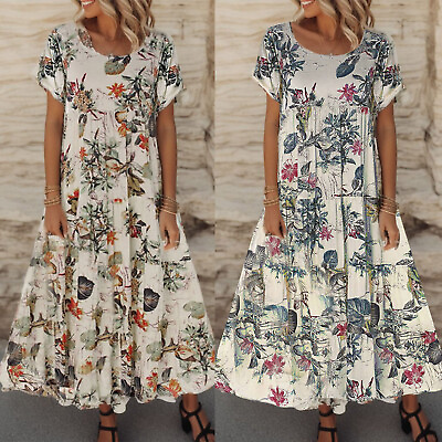 #ad Floral Womens Short Casual Long Dress Maxi And Boho Sleeve Printed Cotton $16.14