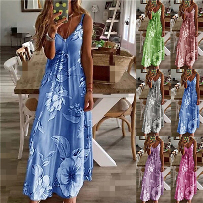 #ad Womens Summer Floral Long Dress Ladies Boho Beach Holiday Maxi Dresses Sundress $22.99
