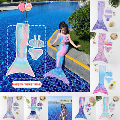 #ad 3pcs Set Girls#x27; Mermaid Tail Swimsuit Camisole Swimwear Bikini Swimsuit 1 14T $18.90
