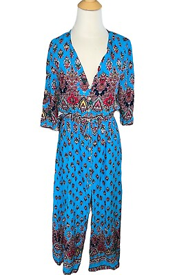 #ad Blue Boho Maxi dress New Size Medium Button Front Slit Tie Waist Flowy $14.00