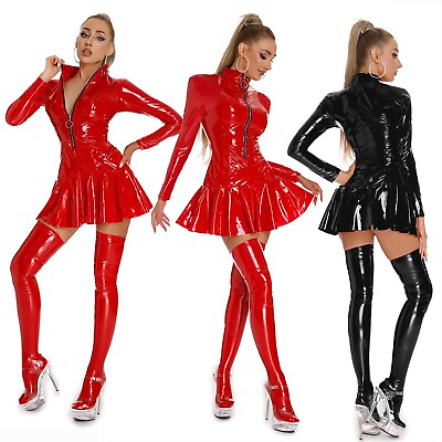 #ad Womens Costume Long Sleeve Clubwear Ladies Dress Party Dresses Fitamp;Flared PVC $8.02