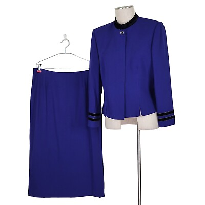 #ad Kasper ASL Midi Skirt Suit Size 14P Blue Faux Black Velvet Trim Side Slit Lined $53.95