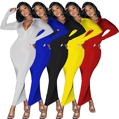#ad NEW Stylish Women Long Sleeves Zipper Solid Color Bodycon Long Dress Club Party $25.63