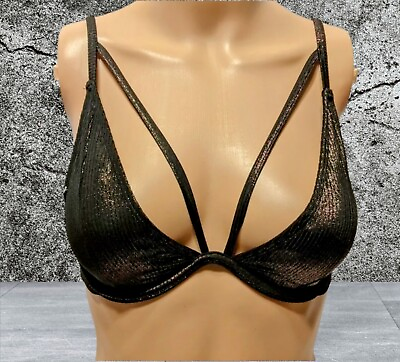 #ad EXPRESS Black Bikini Top SHIMMERY Bra Strappy Padded Underwire Size Small $16.99