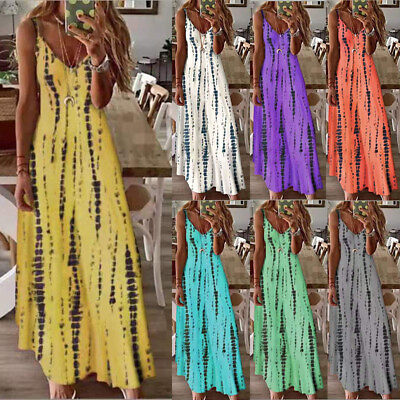 #ad Womens Boho Strappy V Neck Maxi Dress Summer Beach Sundress Casual Dresses Plus $25.61
