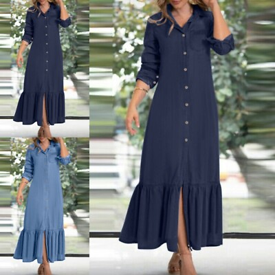 #ad Women Long Maxi Jeans Dress Button Down Denim Dresses Ladies Breathable Fall $31.46