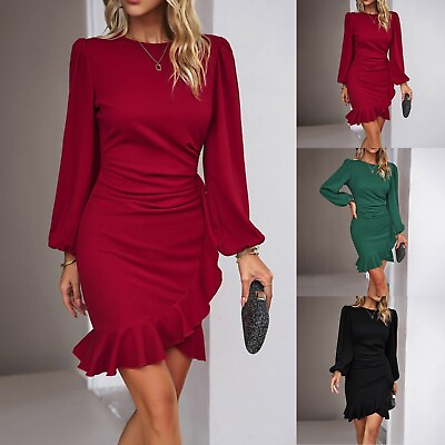 #ad Womens Long Puff Sleeve Bodycon Dress Sexy Ruffled Hem Cocktail Party Short $34.98