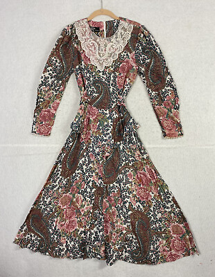 #ad VTG Dawn Joy Maxi Dress XS Floral Paisley Lace Cottagecore Prairie Back Tie Zip $29.99