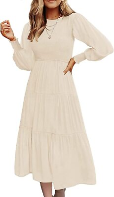 Pasgreson Women#x27;s Casual Long Sleeve Crewneck Smocked Boho Dress High Waist A Li $48.32