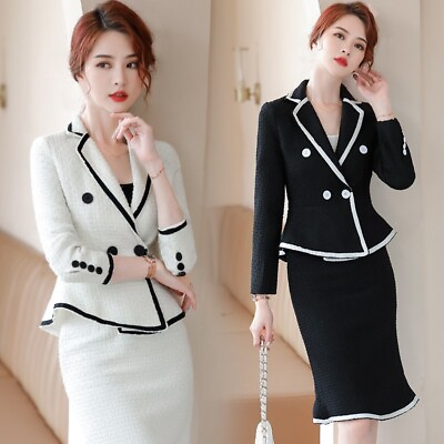 #ad Women White Work Slim Fit Blazer Office Business 2 Piece Set Long Skirt Suit $81.06