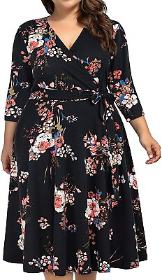 #ad kissmay Plus Size Womens V Neck Floral Cocktail Party Midi Dresses with Pocket $89.66