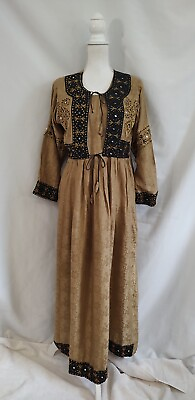 #ad 90#x27;s Vintage Boho Gypsy Long Maxi Dress Attached Vest amp; Embroidery Tan Black M $39.99