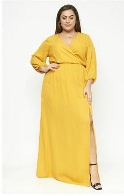 Womens Plus Size Mustard Yellow Maxi Dress 1X Long Sleeve Wrap Inspired Lace $20.97
