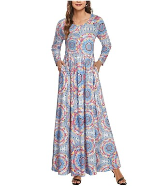Ladies Women#x27;s Maxi Dress Long Sleeve Casual Floral Elegant 2XL Baho Summer GBP 14.99