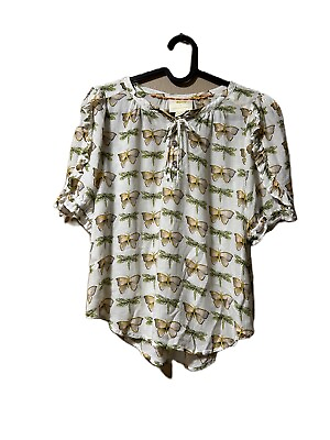 #ad Anthropologie Maeve PEASANT Blouse Sz XS Boho TOP Dragonfly Moth Ruffle Tie $18.00