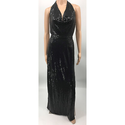 #ad Vintage Davidsons Black Sequin Union Tag Halter Open Back Maxi Dress Size 8 $30.00