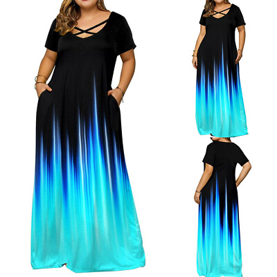 #ad Plus Size Womens Gradient Long Maxi Dress Ladies Summer Baggy Beach Sundress US $32.29