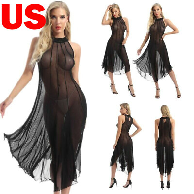 #ad US Women#x27;s Ultra Thin Dresses See Through Mesh Asymmetric Long Dress Club wear $7.43