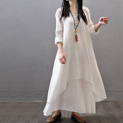 #ad Womens Boho Long Sleeve Cotton Casual Linen Maxi Dress Sundress Summer V Neck $20.64