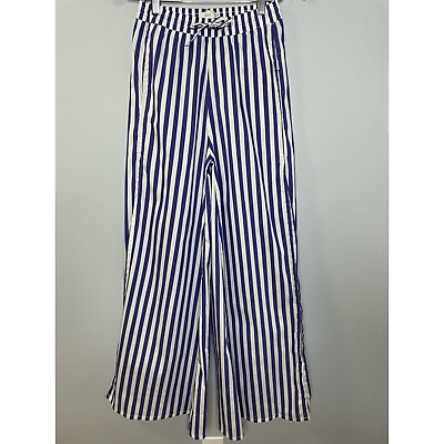 Onia Chloe High Rise Blue Striped Leg Slit Wide Palazzo Pants Boho Beach XS $29.00
