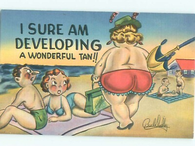 #ad Linen Risque signed CHUBBY FAT WOMAN GOES TOPLESS BEACH : clearance AB6752@ C $2.75