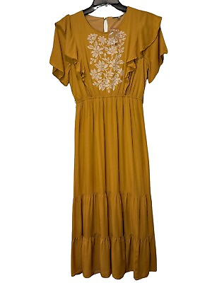 #ad Polagram Short Sleeve Gold Tiered Maxi Dress Women#x27;s Size Medium Embroidered $29.00
