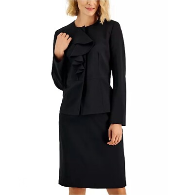 #ad Le Suit Women’s 2pc Suit Size 16 Ruffled Stretch Crepe Pencil Skirt Suit Black $89.10
