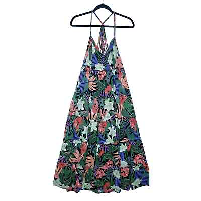 #ad Angie Dark Floral Tiered Midi Maxi Dress Large Lattice Back Flowy Tropical Lilly $24.99