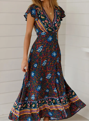 NEW Trendy Bohemian Floral Print Wrap Around Maxi Dress Beautiful Easter Hippie $39.95