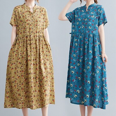 #ad Women Linen Cotton Short Sleeve Floral Casual Maxi Dress Summer Clothing $17.99