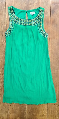 #ad Boho Green Shift Dress w Embroidered Trim Sleeveless Sundress Lined Sz M $12.00