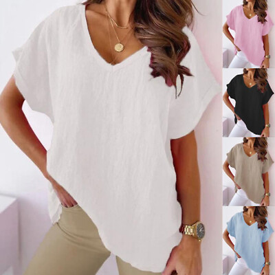 Women Cotton Linen Tunic Tops Ladies V Neck T Shirt Loose Blouse Plus Size S 5XL $3.36