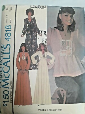 Dress Gown Top McCalls Sewing Pattern 4818 Size 8 Cut VTG 70s Maxi Prairie Easy $15.19