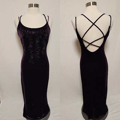 #ad Womens 90s Vintage Party Dress Long Purple Velvet Size 9 10 Strappy $39.99