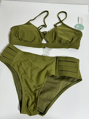 #ad Olive Green Bikini Swimsuit Bikini Top with Bottom Size Medium NEW NWT $16.99