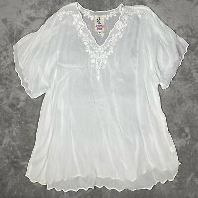#ad Johnny Was Sheer Embroidered White Boho Lightweight Short Sleeve VNeck Tunic Top $60.00