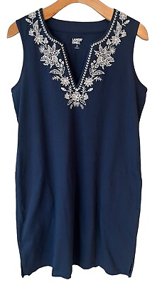 #ad Lands End Swim Cover Up Dress Medium Embroidered Navy Blue White Sleeveless NEW $16.73