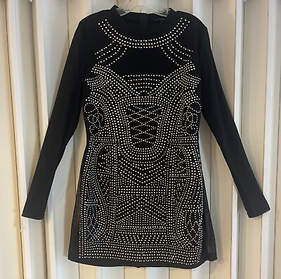 #ad Haute Monde Black Body Con Dress Gold Studs Size L NWOT Sheer Skirt Sides Mint $29.97
