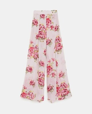 Zara L Sheer Pants Wide Leg Pink Flowers Floral Palazzo Nude Blogger Favorite $20.99