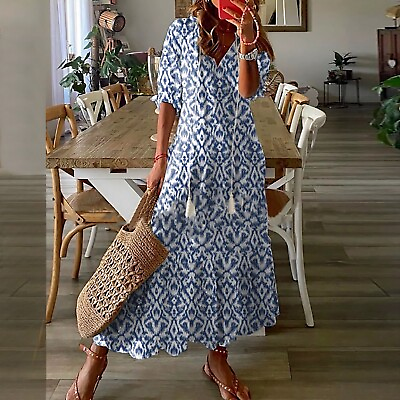 #ad Womens Summer Plus Size Beach Boho Sun Dress Ladies Holiday V Neck Maxi Dresses $19.56