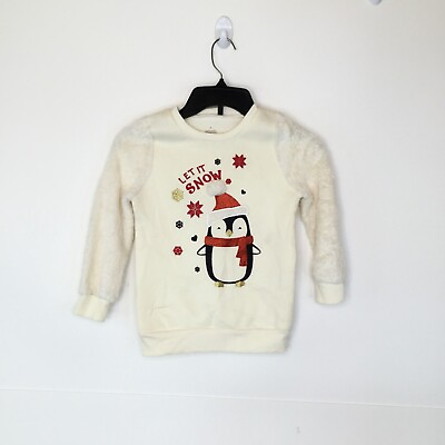 Girls Sweater Size 6 CreamPullover Let It Snow Penguin Christmas Sleeve Fur $7.99