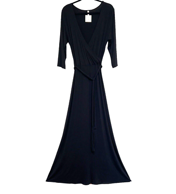 #ad Black Wrap A line Stretch Maxi Dress M Rayon Solid Long Bohemian Classic Simple $59.00