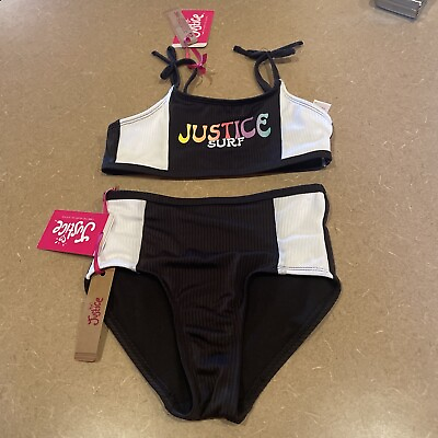 #ad New Girls S 7 8 Justice Sport 2pc Retro Surf Swimsuit Bikini Black UPF 50 Small $16.19