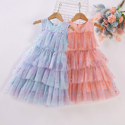 #ad Toddler Girls Sleeveless Dot Paillette Ruffles Tulle Princess Dance Party Dress $20.23