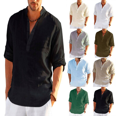 Mens Linen Beach Shirts Solid Loose Casual Shirt Blouse Top Cotton Summer Tee US $17.69